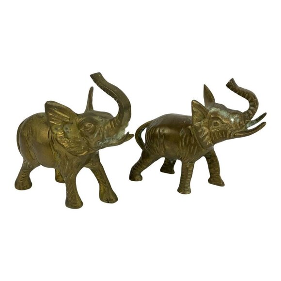 Vintage Brass Elephant Figurines Set Of 2 With Trunks Up For Good Luck Decor - Picture 1 of 7